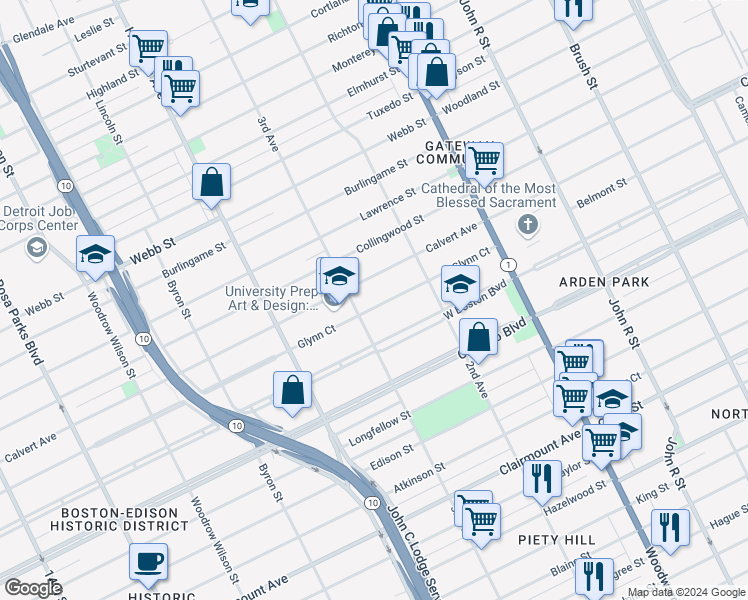 map of restaurants, bars, coffee shops, grocery stores, and more near 726 Glynn Court in Detroit