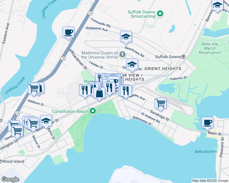 map of restaurants, bars, coffee shops, grocery stores, and more near 984 Saratoga Street in Boston