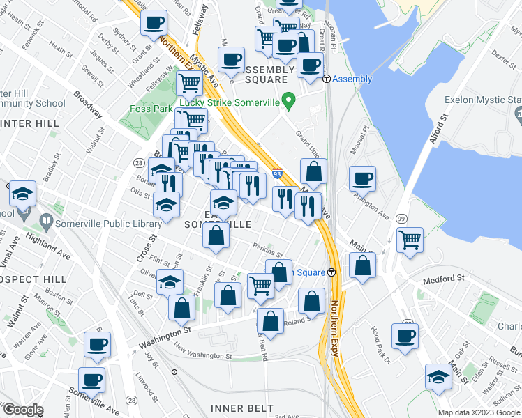 map of restaurants, bars, coffee shops, grocery stores, and more near 80 Broadway in Somerville