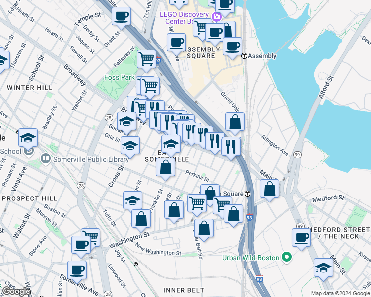 map of restaurants, bars, coffee shops, grocery stores, and more near 80 Broadway in Somerville