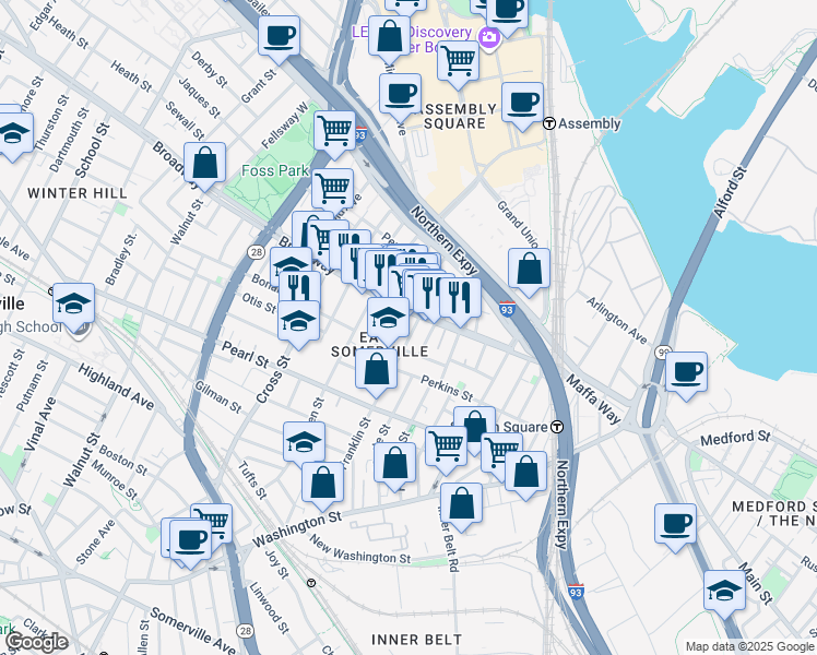 map of restaurants, bars, coffee shops, grocery stores, and more near 10 Cutter Street in Somerville