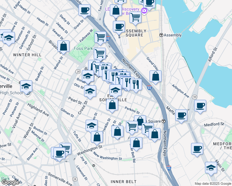 map of restaurants, bars, coffee shops, grocery stores, and more near 10 Cutter Street in Somerville