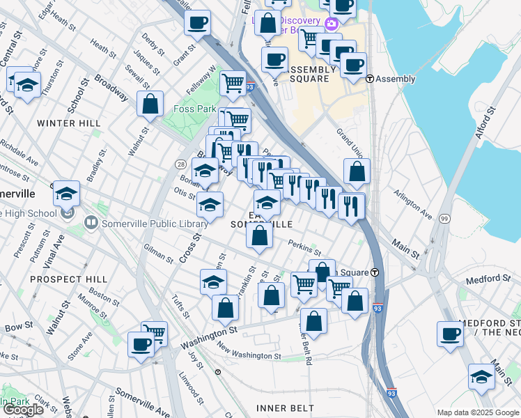 map of restaurants, bars, coffee shops, grocery stores, and more near in Somerville