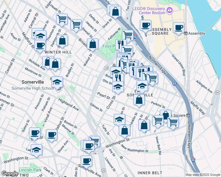 map of restaurants, bars, coffee shops, grocery stores, and more near 13 Everett Avenue in Somerville