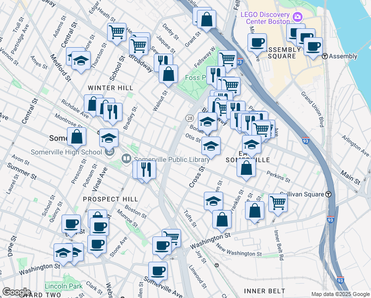 map of restaurants, bars, coffee shops, grocery stores, and more near 34 Everett Avenue in Somerville