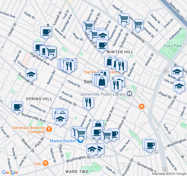 map of restaurants, bars, coffee shops, grocery stores, and more near in Somerville