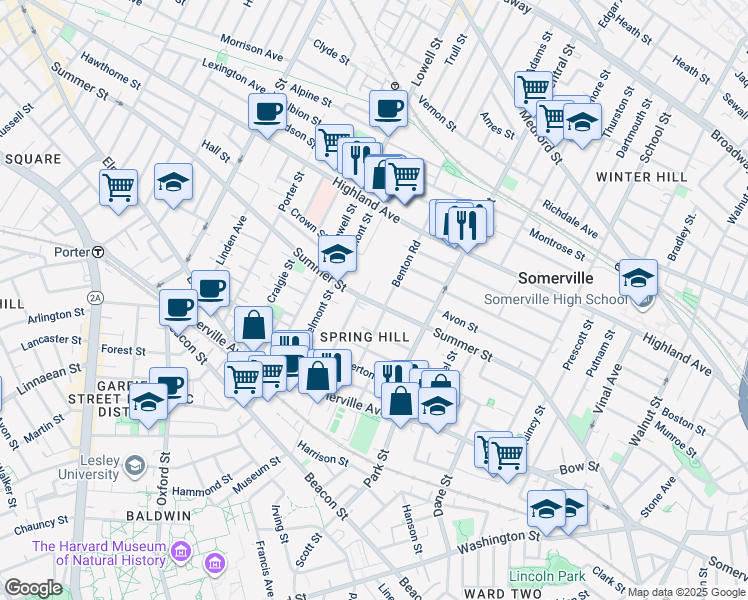 map of restaurants, bars, coffee shops, grocery stores, and more near 182 Summer Street in Somerville