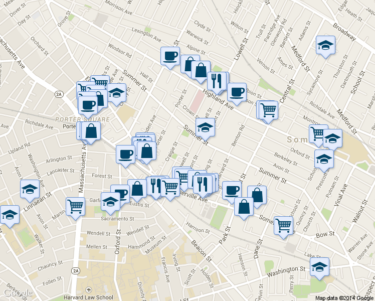 map of restaurants, bars, coffee shops, grocery stores, and more near 74 Lowell Street in Somerville