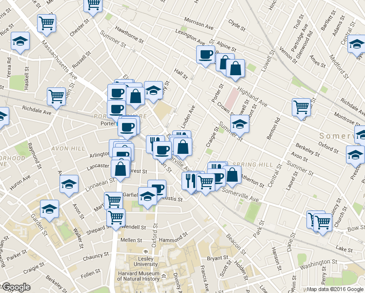 map of restaurants, bars, coffee shops, grocery stores, and more near 16 Porter Street in Somerville