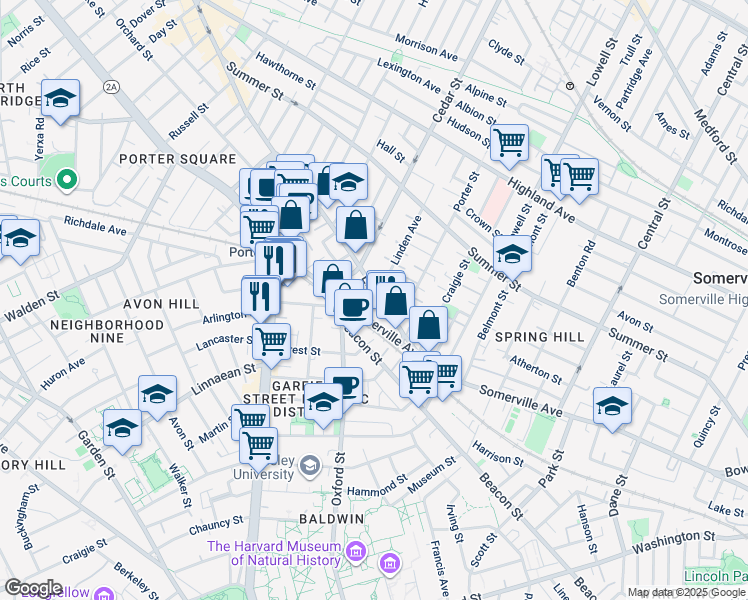 map of restaurants, bars, coffee shops, grocery stores, and more near 36 Elm Street in Somerville