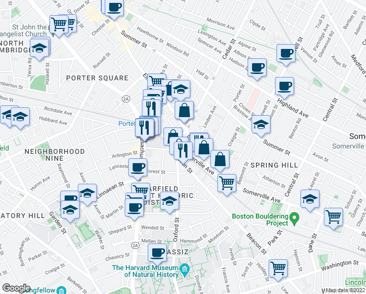 map of restaurants, bars, coffee shops, grocery stores, and more near 36 Elm Street in Somerville