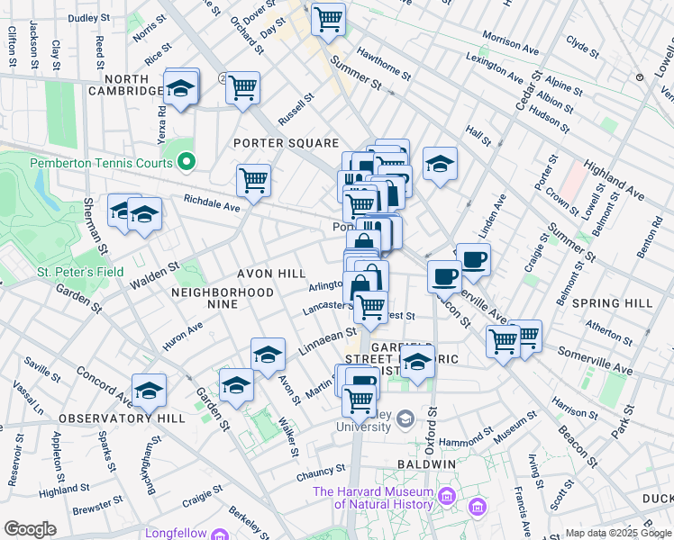 map of restaurants, bars, coffee shops, grocery stores, and more near 42 Mount Vernon Street in Cambridge