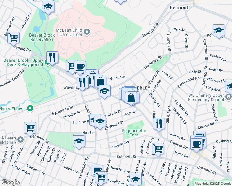 map of restaurants, bars, coffee shops, grocery stores, and more near 439 Trapelo Road in Belmont
