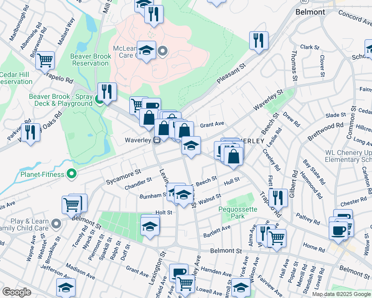 map of restaurants, bars, coffee shops, grocery stores, and more near 466B Trapelo Road in Belmont