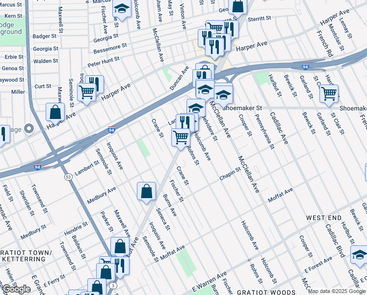 map of restaurants, bars, coffee shops, grocery stores, and more near 5900 Rohns Street in Detroit