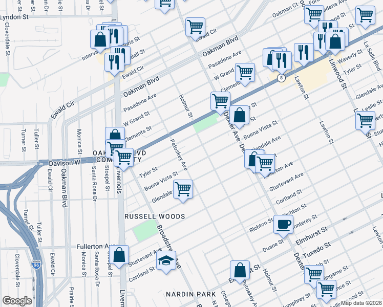 map of restaurants, bars, coffee shops, grocery stores, and more near 4031 Tyler Street in Detroit