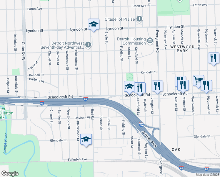 map of restaurants, bars, coffee shops, grocery stores, and more near 13952 Braile Street in Detroit