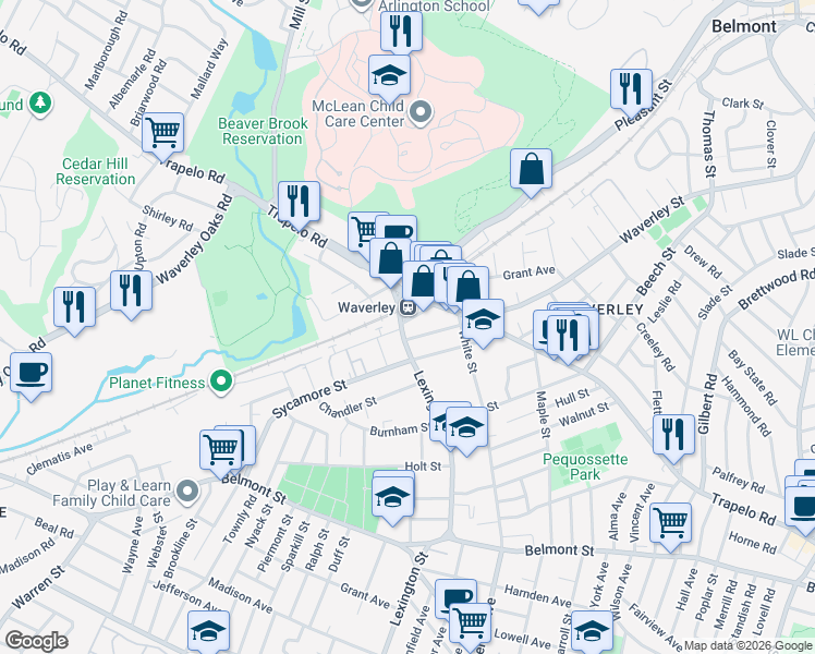 map of restaurants, bars, coffee shops, grocery stores, and more near 52 Church Street in Belmont