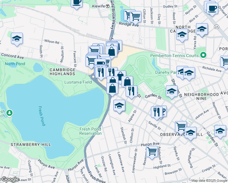 map of restaurants, bars, coffee shops, grocery stores, and more near 483 Concord Avenue in Cambridge