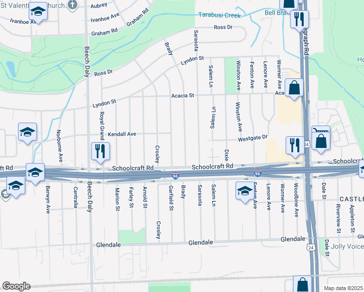 map of restaurants, bars, coffee shops, grocery stores, and more near 13997 Brady in Redford Charter Township