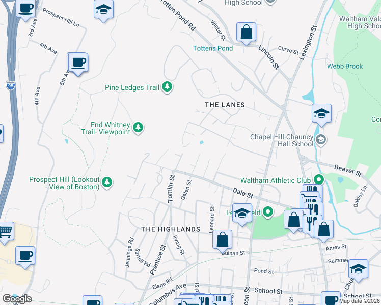 map of restaurants, bars, coffee shops, grocery stores, and more near 100 Galen Street in Waltham
