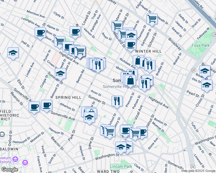 map of restaurants, bars, coffee shops, grocery stores, and more near 52 Oxford Street in Somerville