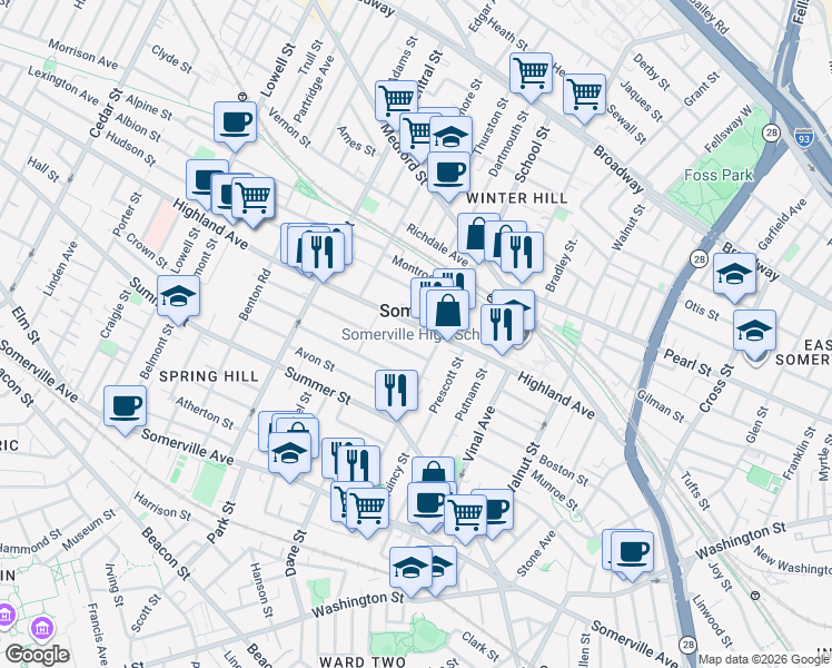map of restaurants, bars, coffee shops, grocery stores, and more near in Somerville