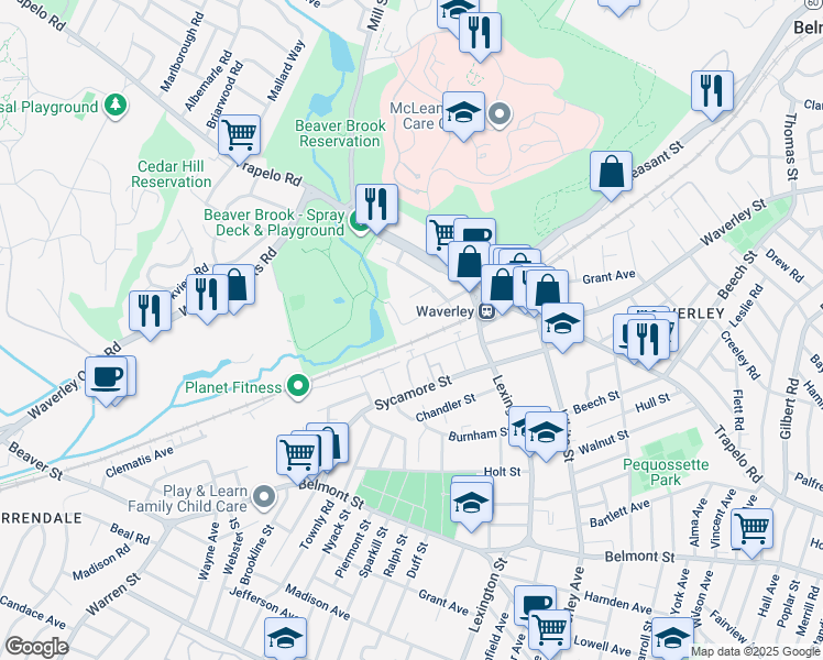 map of restaurants, bars, coffee shops, grocery stores, and more near 40 Moraine Street in Belmont