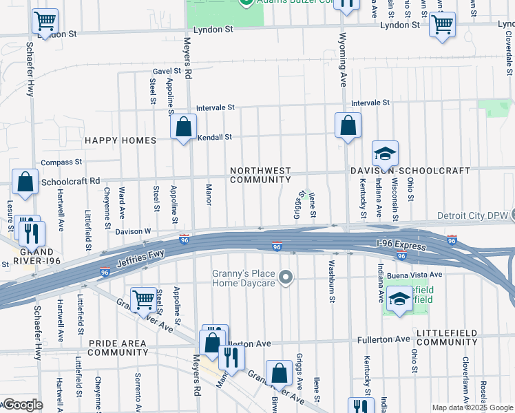 map of restaurants, bars, coffee shops, grocery stores, and more near 13565 Mendota Avenue in Detroit