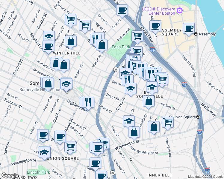 map of restaurants, bars, coffee shops, grocery stores, and more near 34 Everett Avenue in Somerville