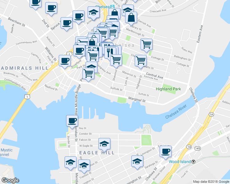 map of restaurants, bars, coffee shops, grocery stores, and more near 110 Marginal Street in Chelsea