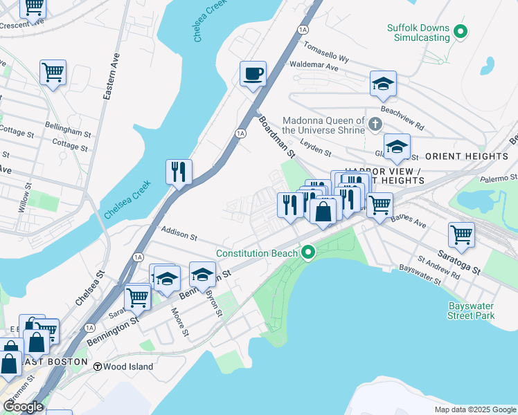 map of restaurants, bars, coffee shops, grocery stores, and more near 145 Brandywyne Drive in Boston