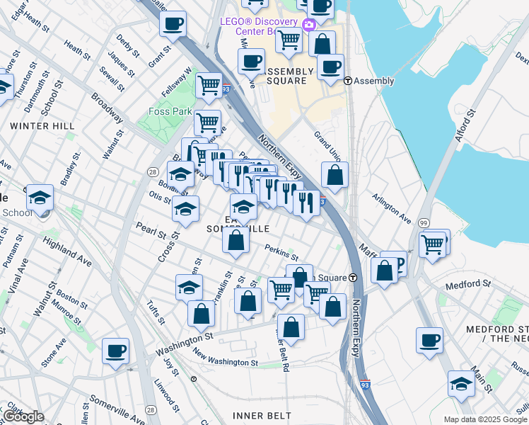 map of restaurants, bars, coffee shops, grocery stores, and more near 80 Broadway in Somerville