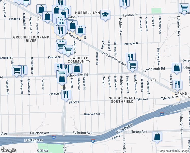 map of restaurants, bars, coffee shops, grocery stores, and more near 13417 Robson Street in Detroit