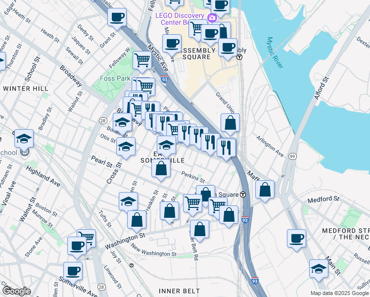 map of restaurants, bars, coffee shops, grocery stores, and more near 78 Broadway in Somerville