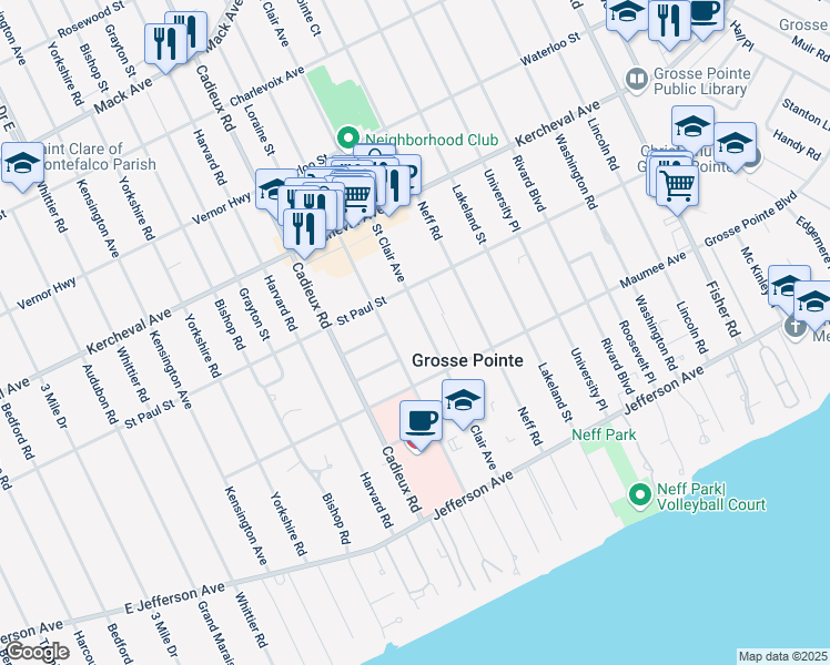 map of restaurants, bars, coffee shops, grocery stores, and more near 513 Saint Clair Avenue in Grosse Pointe