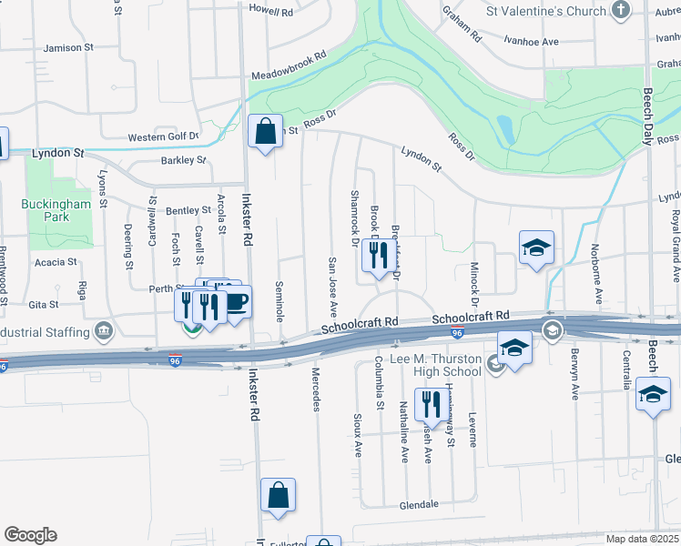 map of restaurants, bars, coffee shops, grocery stores, and more near 14058 San Jose Avenue in Redford Charter Township