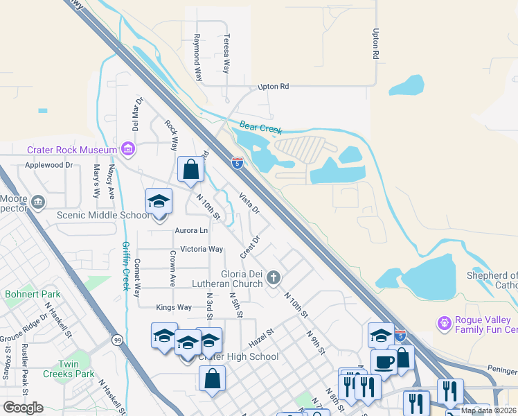 map of restaurants, bars, coffee shops, grocery stores, and more near 1240 Vista Drive in Central Point