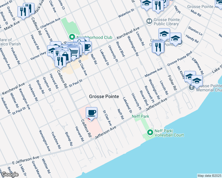map of restaurants, bars, coffee shops, grocery stores, and more near 450 Neff Road in Grosse Pointe