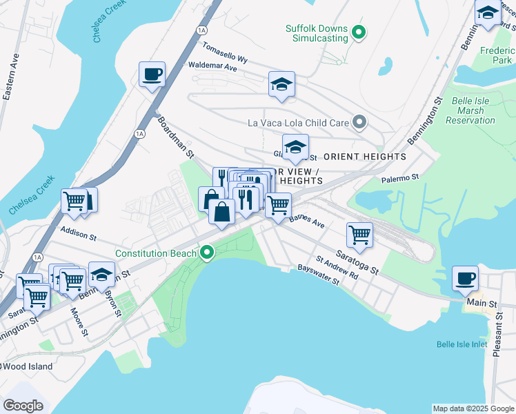 map of restaurants, bars, coffee shops, grocery stores, and more near 984 Saratoga Street in Boston