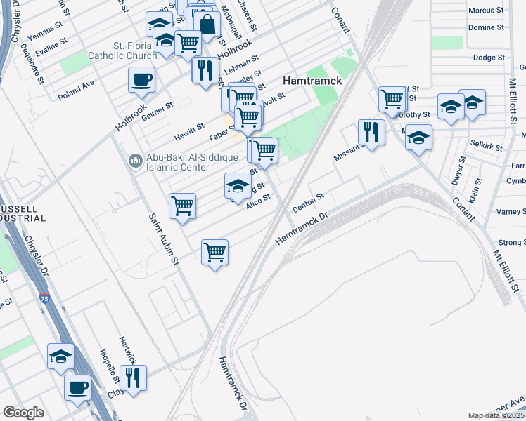 map of restaurants, bars, coffee shops, grocery stores, and more near 2465 Denton Street in Hamtramck