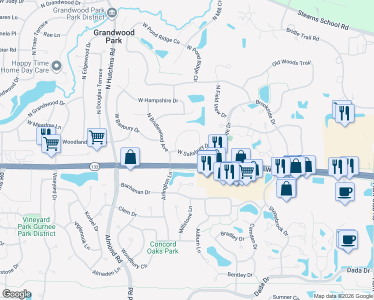 map of restaurants, bars, coffee shops, grocery stores, and more near 17828 West Salisbury Drive in Gurnee