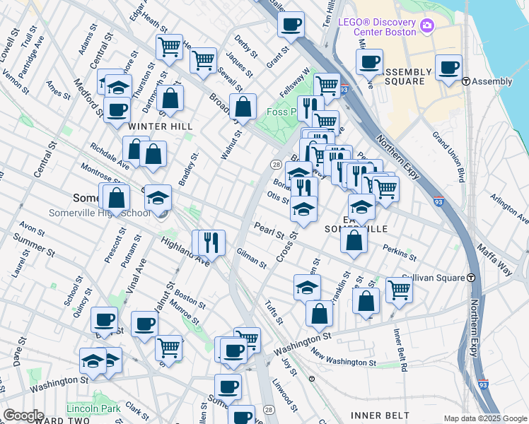 map of restaurants, bars, coffee shops, grocery stores, and more near 34 Everett Avenue in Somerville