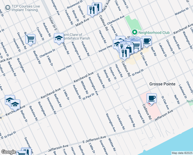 map of restaurants, bars, coffee shops, grocery stores, and more near 1159 Yorkshire Road in Grosse Pointe Park