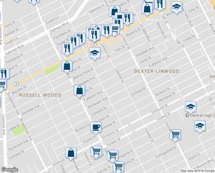 map of restaurants, bars, coffee shops, grocery stores, and more near 3024 Fullerton Avenue in Detroit