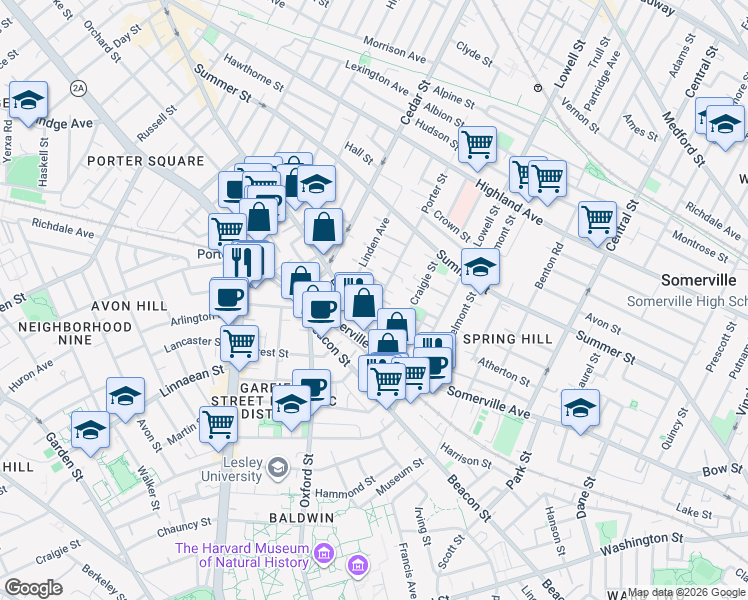 map of restaurants, bars, coffee shops, grocery stores, and more near 16 Porter Street in Somerville