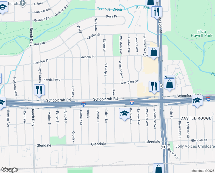 map of restaurants, bars, coffee shops, grocery stores, and more near 13984 Salem in Redford Charter Township