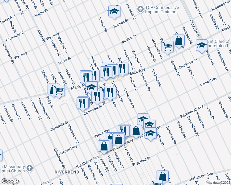 map of restaurants, bars, coffee shops, grocery stores, and more near 1419 Nottingham Road in Grosse Pointe Park
