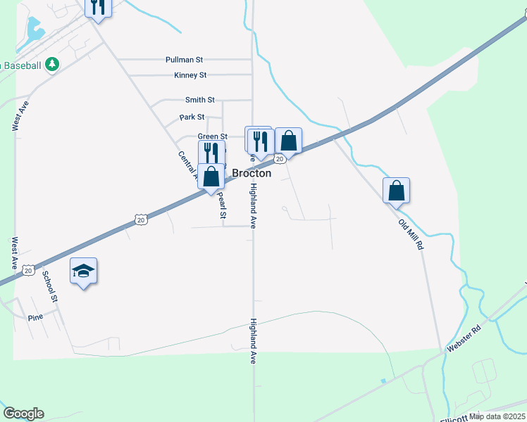 map of restaurants, bars, coffee shops, grocery stores, and more near 18-24 Highland Avenue in Brocton