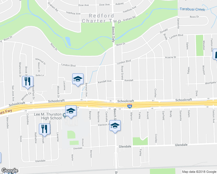 map of restaurants, bars, coffee shops, grocery stores, and more near 14012 Centralia in Redford Charter Township